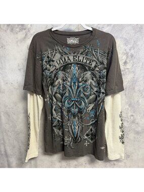 Vintage MMA Elite T Shirt Mens Large Y2k Grunge Gray Thermal Long Sleeve